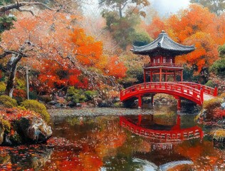 Traditional red wooden bridge and pavilion over reflective pond surrounded by vibrant autumn trees with orange and red foliage in serene garden