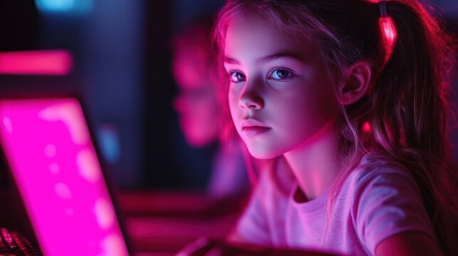 young girl with focused expression illuminated by pink and purple computer screen light in dark room