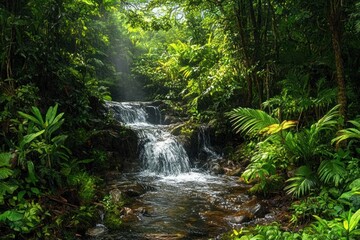 Obraz premium Small cascading waterfall flowing through lush green tropical forest with dense vegetation and sunlight filtering through trees