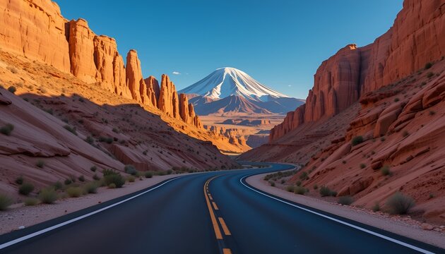 Scenic highway winding through a vibrant canyon landscape with a snow-capped mountain peak.