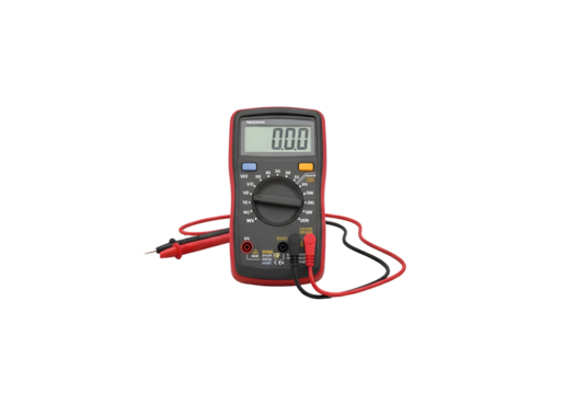 Red and black digital multimeter isolated on black background.
