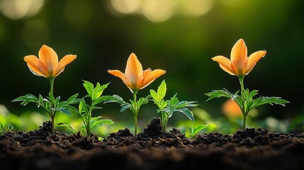 Three Orange Lily Flowers with Dew Drops Emerging from Rich Soil in Soft Morning Light