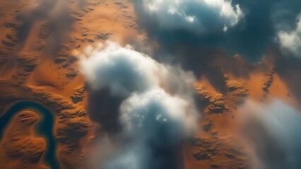 Overhead bird's eye view, warm autumn colors, earthy and cozy, top-down perspective, dramatic desert landscape with intense sunlight and heavy rain.