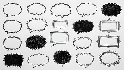 Hand-drawn speech bubbles of various shapes and styles isolated on white textured background.
