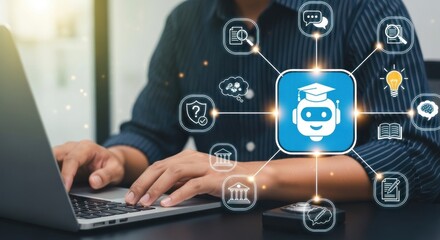 Person typing on a laptop with ai education icons overlayed in a connected network illustration