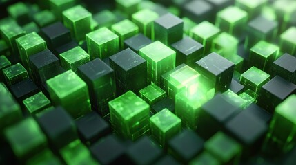 Glowing green and black translucent cubes arranged in a dense grid pattern creating a futuristic and digital atmosphere