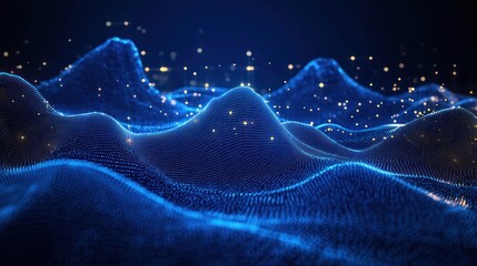 abstract digital blue wave landscape made of particle grid with glowing golden dots floating above undulating surface under dark blue background