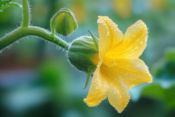 Close-up of a yellow flower with water droplets on its petals and buds on a green stem against a soft blurred background
