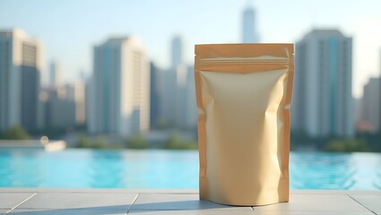 Fototapeta premium Commercial Mockup: Blank Standing Pouch near Pool in High Building with City View Background
