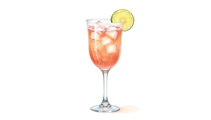 Refreshing pink cocktail with ice and lime, beautifully rendered in watercolor illustration style.