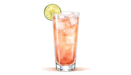Refreshing pink drink with ice cubes and a lime slice in a tall glass, artistic illustration.