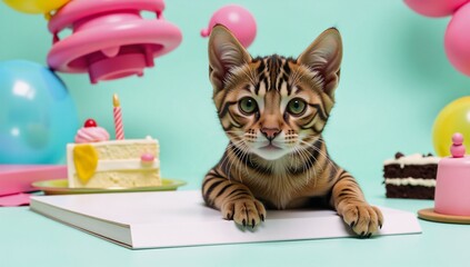 Bombay cat kitten peeks over pastel background for birthday party invitation card copy