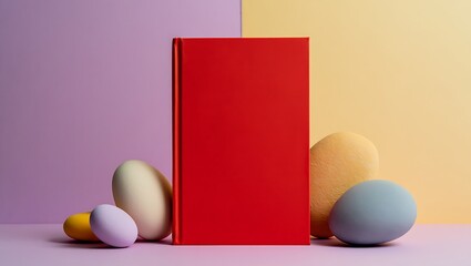 Abstract still life with a red book and pastel colored eggs on a colorful background promoting education and learning