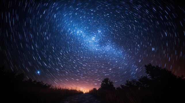 night sky with swirling star trails above a dark rural landscape with silhouetted trees and distant orange horizon light - Powered by Adobe