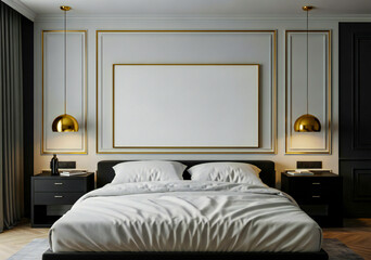 Horizontal Art Frame Mockup on Panel Wall in Luxury Bedroom