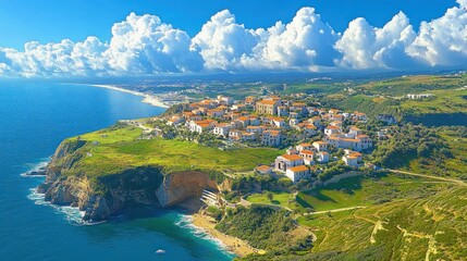 Picturesque coastal town perched on a green cliff overlooking the sea with a sandy beach below and fluffy white clouds in a bright blue sky