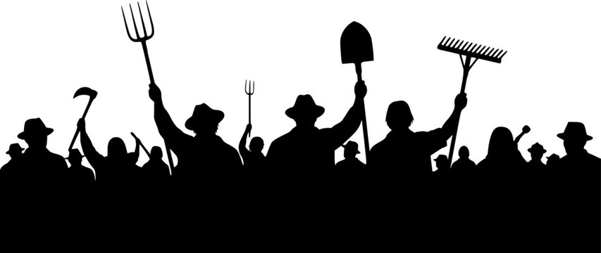 
Crowd of people with a pitchfork shovel rake. Angry peasants protest demonstration. Riot workers vector silhouette 
