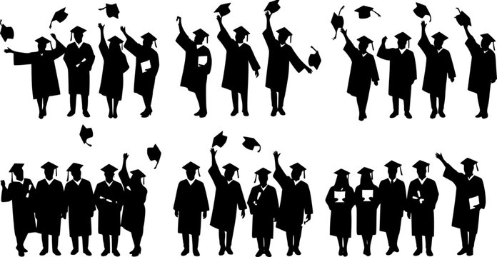 Graduated at university, college. Crowd of graduates in mantles, throws up the square academic caps. Cheerful people silhouette vector