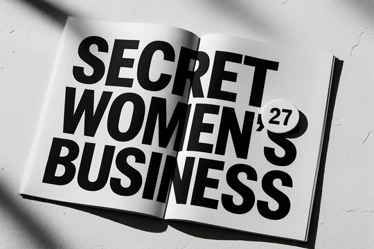 Open magazine spread with bold black typography on white pages, featuring the words secret womens business