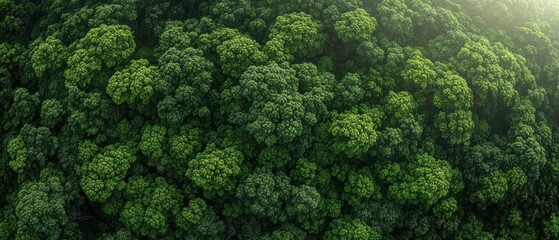 Aerial view of dense green forest canopy with sunlight filtering through leaves, conveying a peaceful and vibrant natural environment