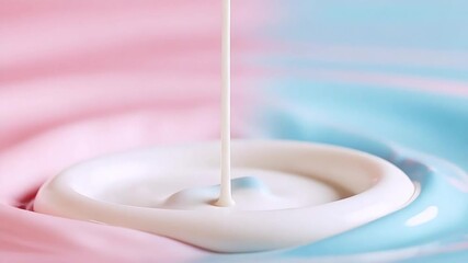 Creamy white liquid pouring into pink and blue pastel surface texture - Powered by Adobe