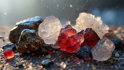 Assortment of Colorful Gemstones and Rocks Close Up on a Sandy Surface Under Sunlight with Shimmering Particles creating a Dreamlike Effect