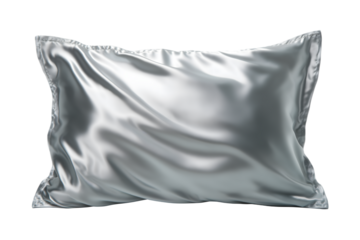 Smooth silver satin pillow with shiny fabric texture, isolated on white background, ideal for luxury bedding, home decor, beauty sleep essentials, and elegant bedroom interior themes.

