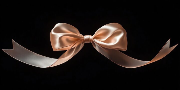 Elegant soft peach satin ribbon bow with long tails floating against a black background, conveying a sense of delicacy and refinement - Powered by Adobe