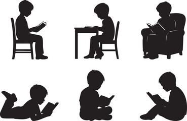 Kids Reading in Various Poses | Child Literacy Silhouette Set