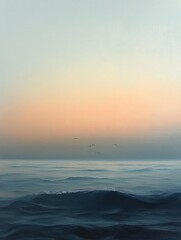 Fototapeta premium Calm ocean waves under a soft pastel sunset sky with a few flying birds creating a peaceful and serene atmosphere