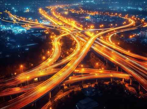 Aerial night view of a brightly illuminated complex highway interchange with multiple elevated roads and flowing traffic lights creating dynamic streaks