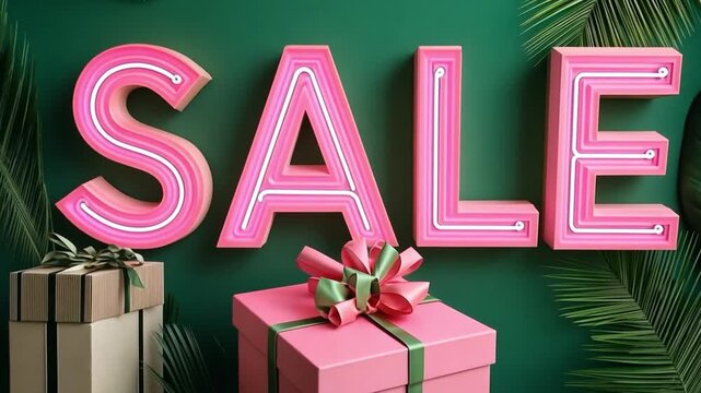 Pink neon sale sign with gift boxes and tropical leaves promoting seasonal discounts on a green background