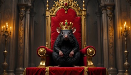 Obraz premium A majestic rat sits regally enthroned, adorned with a golden crown on an ornate throne