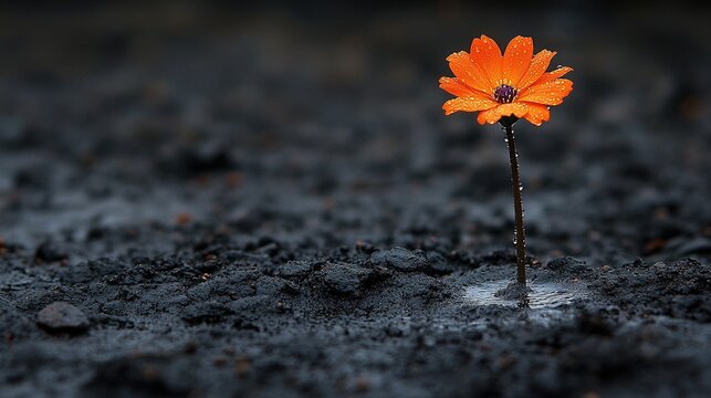 Vibrant Orange Daisy Emerging from Dark Earth, Dew-Kissed Petals, Hopeful Bloom - Powered by Adobe