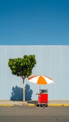 Minimalist Street Scene Featuring a Red Food Cart a Tree and a Bright Blue Sky Urban Landscape Simplicity