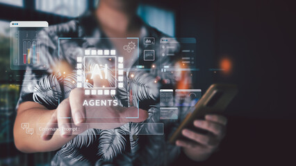 AI agent management concept. A person uses a smartphone and points to a holographic interface, commanding AI agents via a digital dashboard with data and a command prompt.