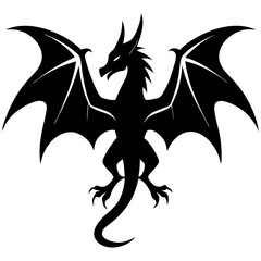 Black silhouette of a fearsome dragon with outstretched wings and sharp claws on a white background