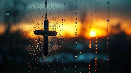 Naklejka premium metal cross pendant hanging on a wet window with water droplets and blurred warm sunset background creating a reflective and serene mood