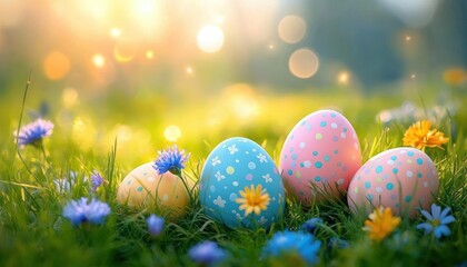 Colorful pastel Easter eggs with polka dot and flower patterns nestled in vibrant green grass surrounded by blooming yellow and purple wildflowers under warm sunlight