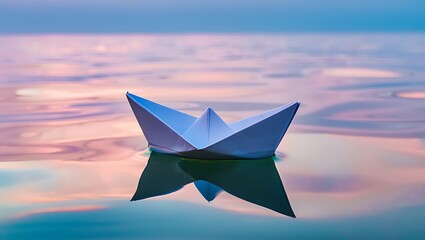 Paper boat floating peacefully on calm water at sunset symbolizing dreams and journeys with reflection and colorful background