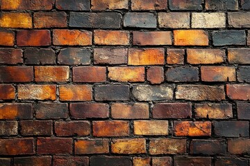 close-up view of an old weathered brick wall with varying shades of brown, orange, red, and black, showing rough textured bricks and mortar