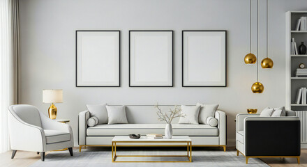 Modern Wall Art Frame Mockup in Golden Decor Living Room