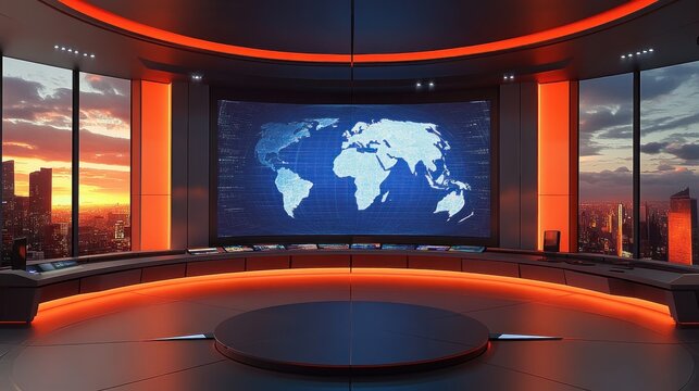 Futuristic round control room with large digital world map display, illuminated by vibrant orange lights and cityscape views at sunset through panoramic windows - Powered by Adobe
