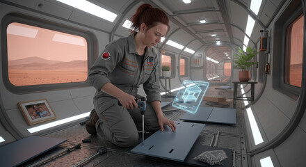 Woman in spacesuit assembles furniture in futuristic spaceship interior with mars landscape outside windows