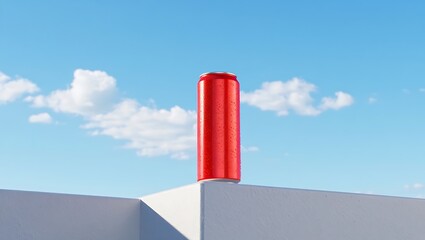 Refreshing red soda can against a vibrant blue sky backdrop offering a sense of summer refreshment and vibrant thirst quenching imagery