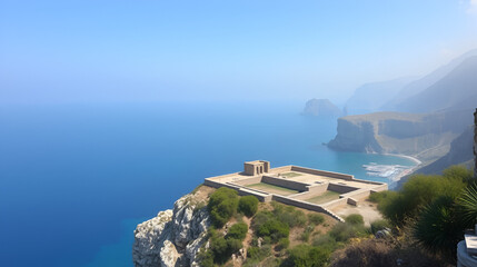 Ancient Greek fortress ruins overlooking a turquoise sea with rugged limestone cliffs and a hint of mist , leper colony, abandoned settlement