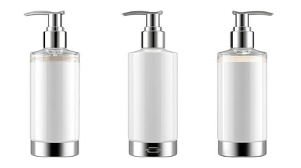 Three white bottles with liquid, a minimalist composition of cleanliness and purity