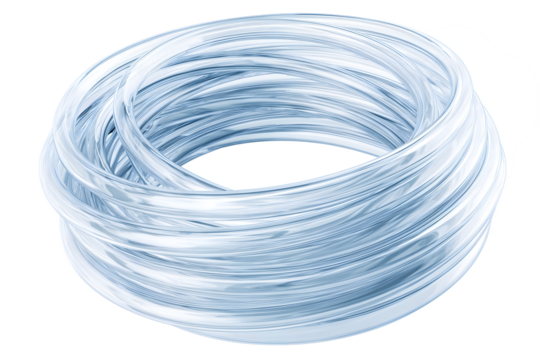 Coiled transparent plastic pipe or hose roll isolated on white background, ideal for plumbing, irrigation, industrial fluid transport, aquarium tubing, and DIY hardware supply concepts.

