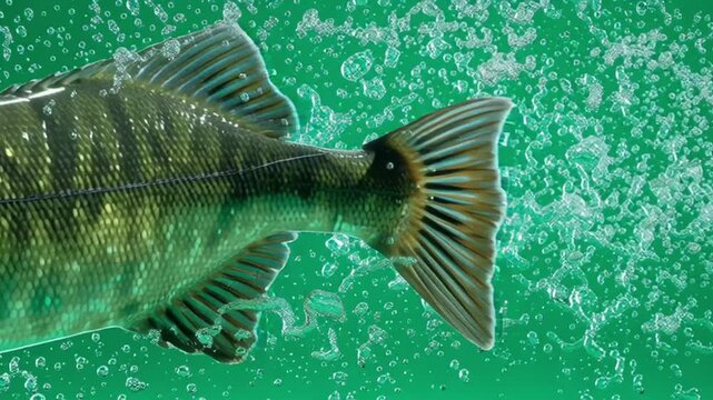 Close up of a large mouth bass underwater surrounded by bubbles against a green background green screen animal video