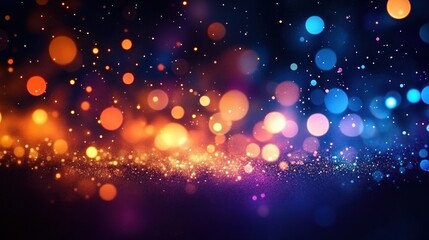 Abstract glowing bokeh lights in warm orange and cool blue tones creating a sparkling and dreamy atmosphere on a dark background